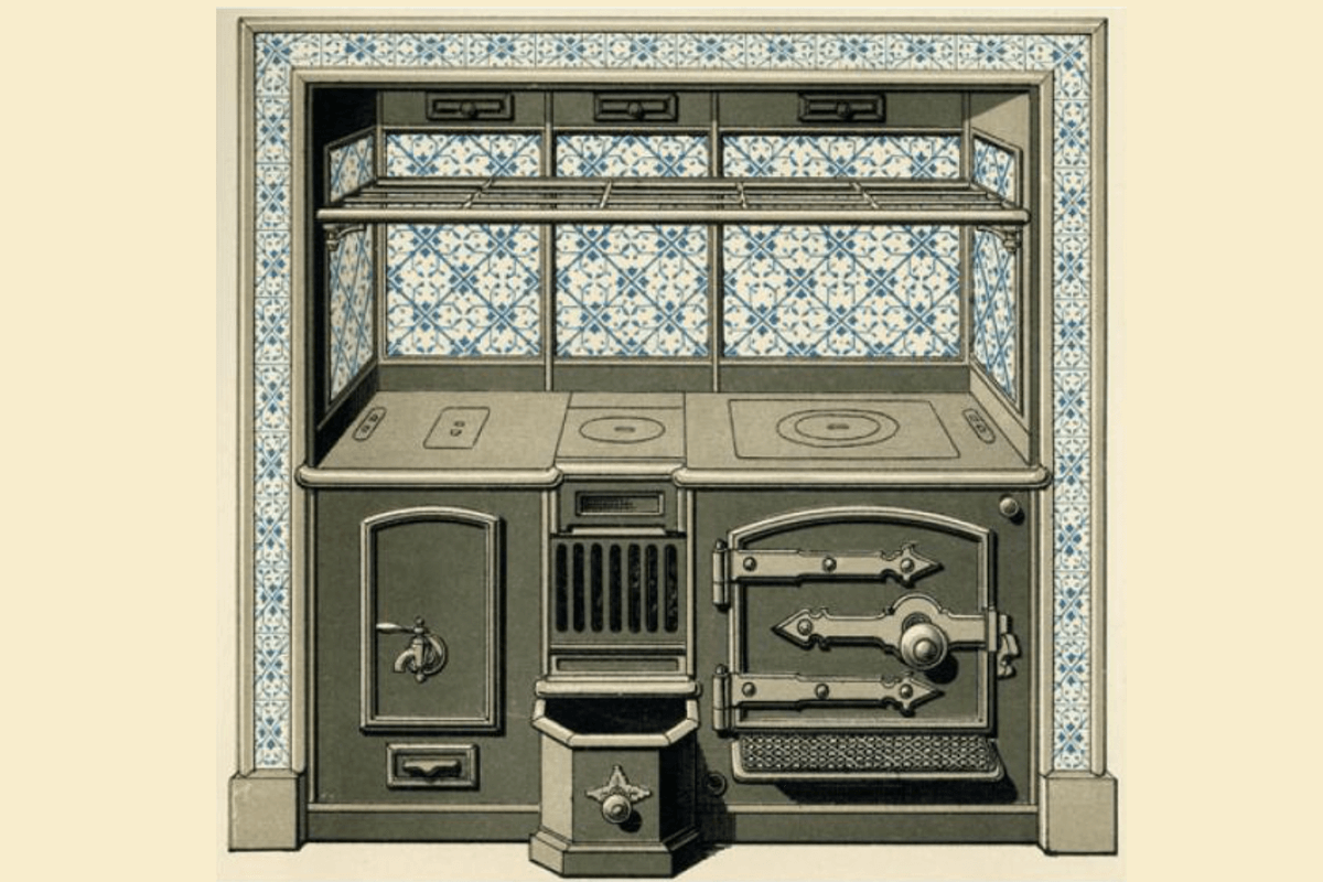A vintage style illustration of The Kitchener, designed in 1830. An old green cast iron cooker sits in front of a wall of old style kitchen tiles on a cream background.