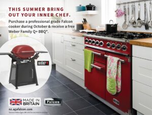 A Red Falcon cooker sits in a white kitchen a graphic of a weber bbq in a circle sits over top with graphics saying, 'this summer bring out your inner chef. Purchase a Falcon cooker and get a free Weber BBQ'.