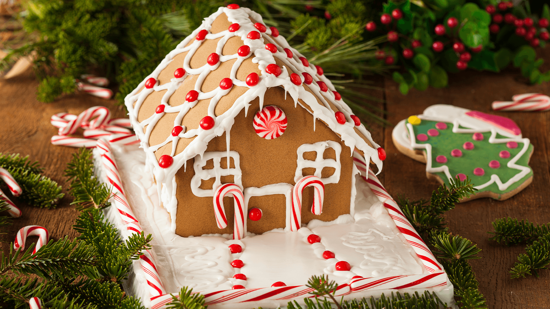 A Gingerbread house sits on a white board, doecorated with white white icing, with candy canes and red lollies on the roof. Christmas pine folliage and red berries sit around the table.