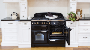 Falcon Classic Black 110 cooker sits in a white kitchen.