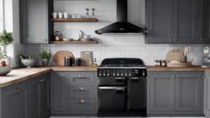 A black Falcon cooker and black Ranghood sit in a modern kitchen, surrounded by grey cabinetry with wooden shelves holding glasses and ceramics on the wall.