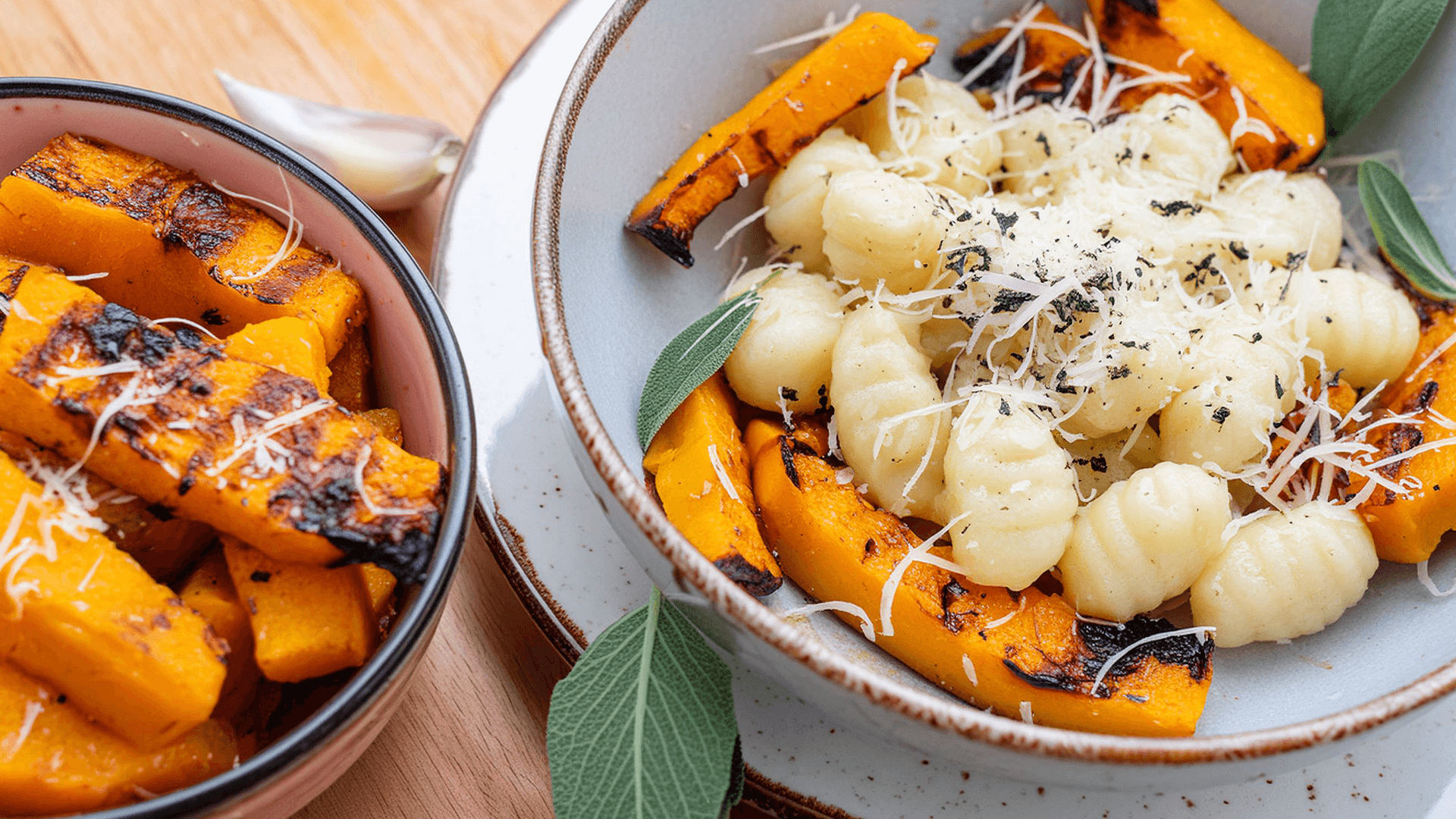 A bowl of Gnocchi sits in a bowl surrounded by wedges of grilled pumpkin with sage and parmesan cheese scattered on top.