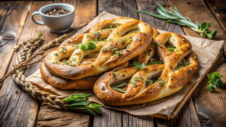 Two loaves or herbed traditional fougasse bread sit on top of some borwn paper on a bench.