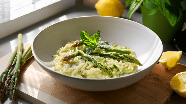 A big bowl of asparagus, mint and lemon risottoa sits on a bench top with ingredients sitting around it.