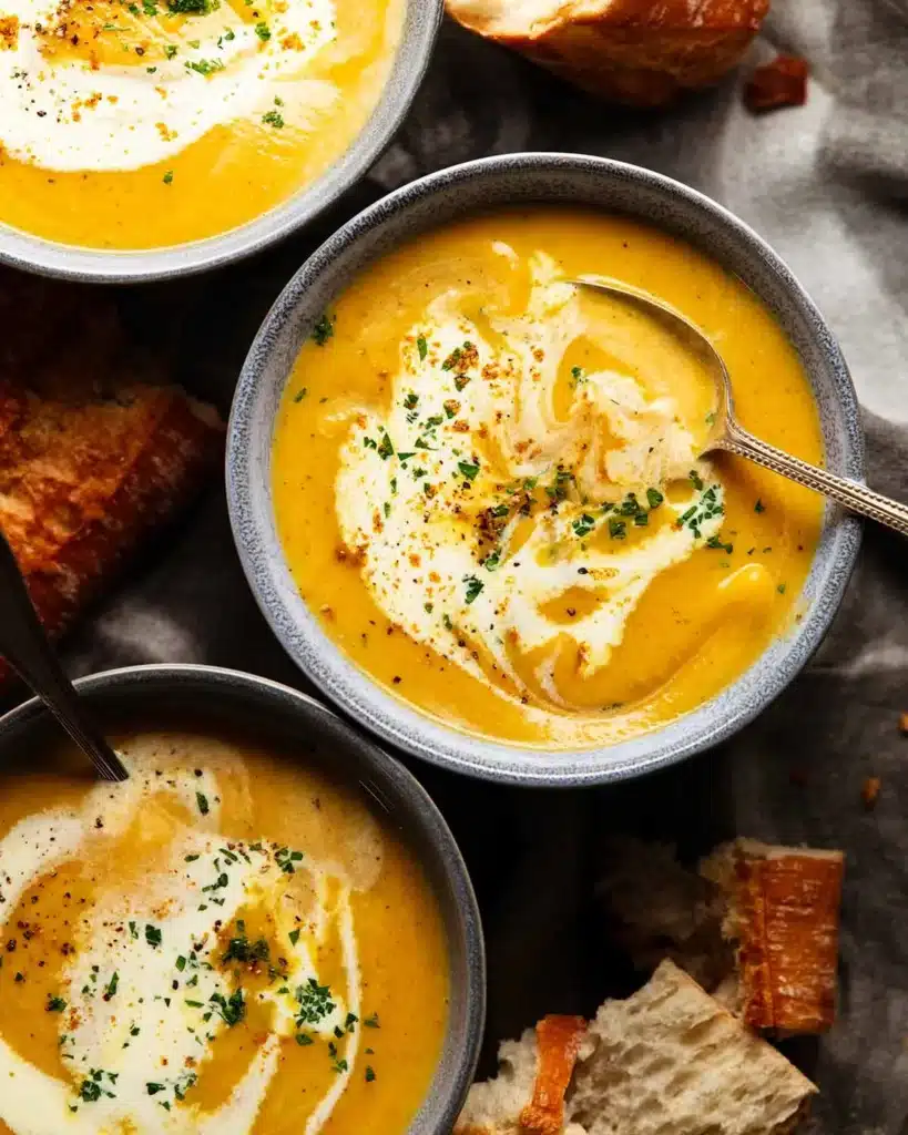 Three bowls of orange creamy harvest vegetable soup filmed from about, with pieces of crusty bread scattered around.
